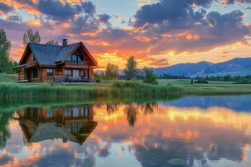 Fototapeta premium Idaho Home in Country Setting: Cabin with Mountain Sunset and Reflective Landscape