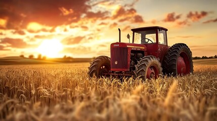 Obraz premium Vintage Tractor in Golden Wheat Field at Sunset Capturing Rural Charm