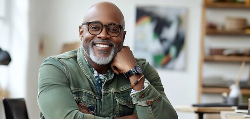 Fototapeta premium Smiling Man in Glasses CloseUp Portrait Warm Lighting Denim Jacket Relaxed Confidence