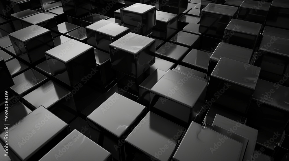 Poster abstract black 3d cube wallpaper with shiny surface and geometric patterns, ideal for modern digital