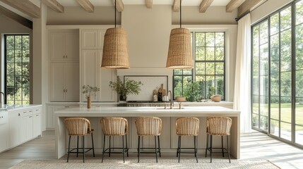 Sunlit Kitchen Island with Wicker Barstools A Minimalist Perspective on Modern Design 179 characters