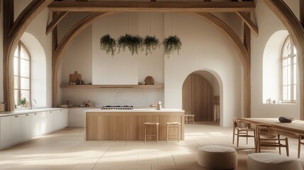 Sunlit Kitchen with Arched Windows and Wooden Beams Minimalist Interior Design with Natural Light and a Rustic Charm
