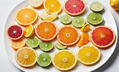 Sliced Citrus Fruits on White Plate for a Refreshing Presentation