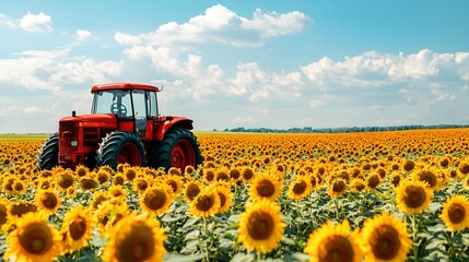 Vibrant Tractor Amidst Blooming Sunflower Field Under Sunny Sky