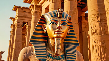 Portrait of the great Egyptian god-Pharaoh Tutankhamun in the temple of Thebes, Egypt.