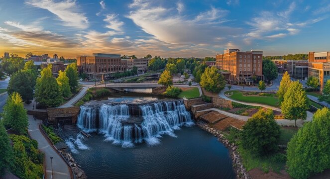 Downtown Greenville South Carolina Skyline: Historic Riverfront Cityscape