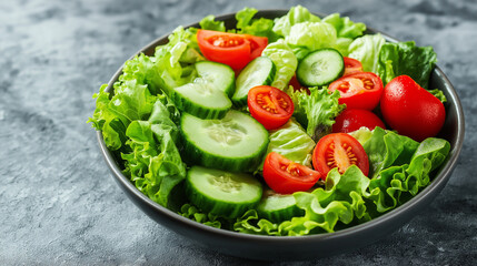 Fresh Garden Salad with Tomatoes and Cucumbers, Close-up of a fresh garden salad featuring crisp lettuce, juicy cherry tomatoes, and sliced cucumbers, served in a dark bowl on a textured surface.

