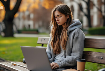 Fototapeta premium A young woman felt uncomfortable working on her laptop outdoors, so she grabbed her sore neck