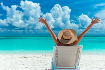 A woman is sitting on a beach chair with a straw hat on her head. She is enjoying the view of the ocean and the sound of the waves