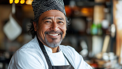 Fototapeta premium Native American Indigenous Man Chef - chef, kitchen, cooking, male, apron, smiling, restaurant, professional, culinary, cook, hat, food, adult, occupation, cheerful, happy, work, cuisine