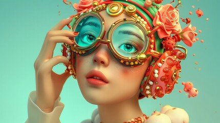 Stunning 3d rendering of a girl with steampunk goggles, surrounded by vibrant flowers and fruits, exudes beauty and fashion in a modern design