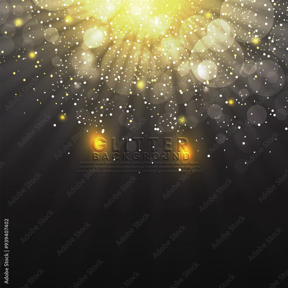 Poster black color luxury falling sparkles background design with bokeh effect. golden shine light effect b