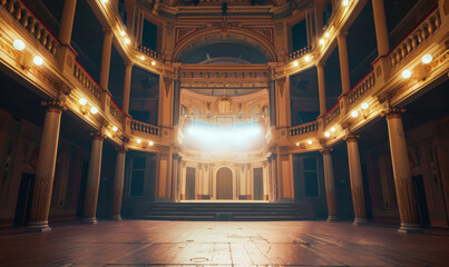 Obraz premium Frontal view of a classical theater with side parterres closely framing the stage, illuminated from above