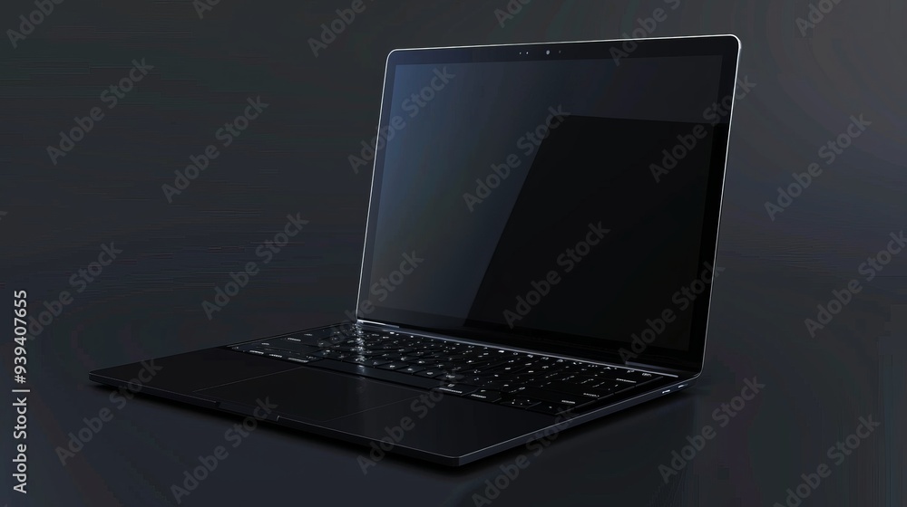 Poster modern laptop computer with dark screen and colorful light reflections on a desk - high-tech workspa