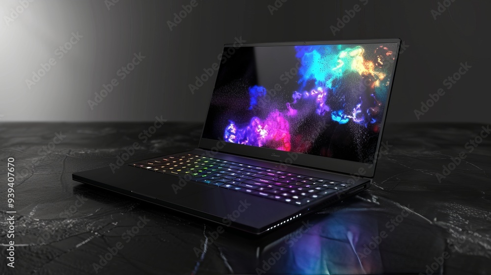 Poster modern laptop computer with dark screen and colorful light reflections on a desk - high-tech workspa
