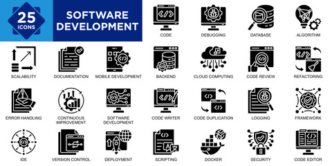 software development, technology, software, development, computer, digital icon set. Outline icons collection. Simple vector illustration