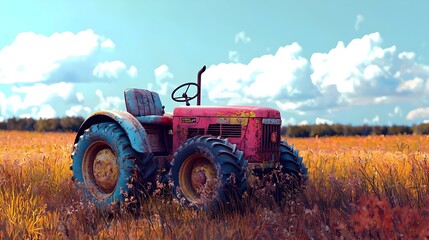Obraz premium Retro-Styled Vibrant Tractor in Lush Grass Field Showcasing Vintage Farming Aesthetics