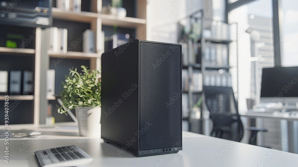 Poster close-up of a black server computer tower case on a white office desk with selected focus, showcasin