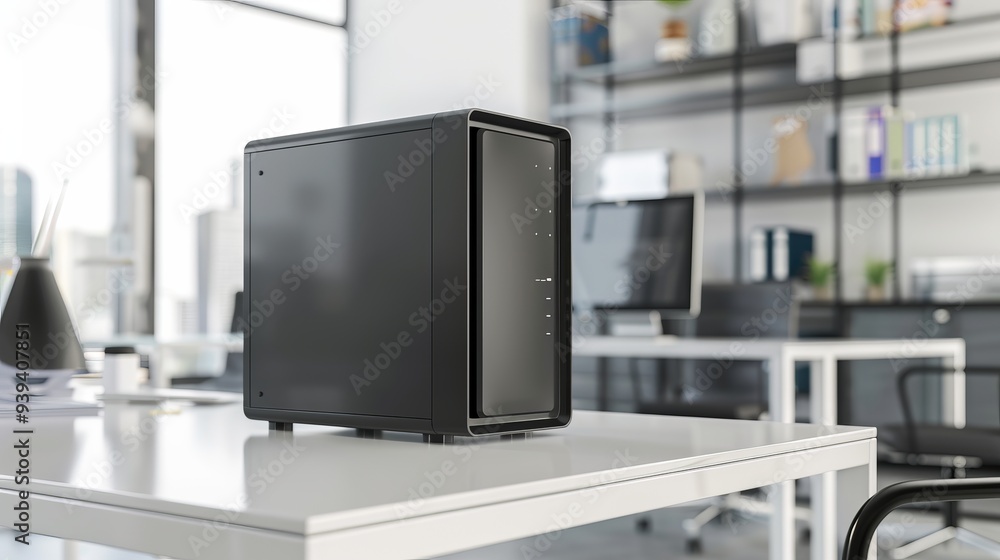 Poster close-up of a black server computer tower case on a white office desk with selected focus, showcasin