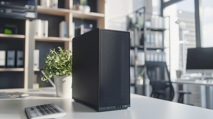 Close-up of a black server computer tower case on a white office desk with selected focus, showcasing modern it equipment and technology infrastructure in a professional workspace