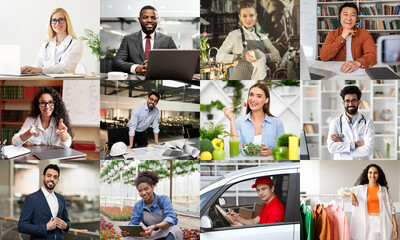 A collage featuring nine diverse individuals from different backgrounds, showcasing a variety of professions, workplaces, and activities.