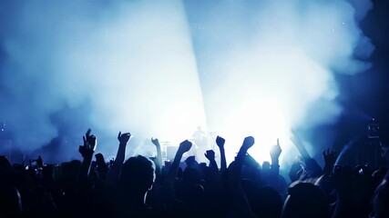 Energetic crowd enjoying live concert with bright stage lights and silhouettes in vibrant atmosphere, 4k video