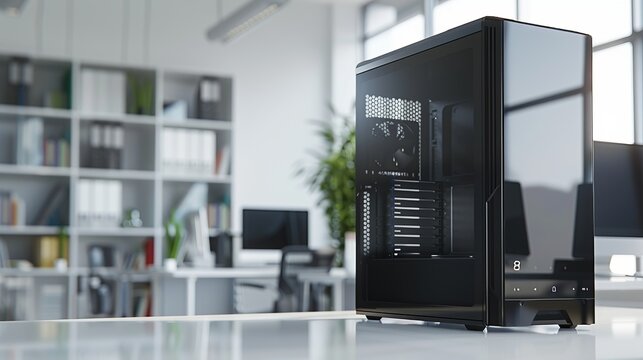 Close-up of a black server computer tower case on a white office desk with selected focus, showcasing modern it equipment and technology infrastructure in a professional workspace