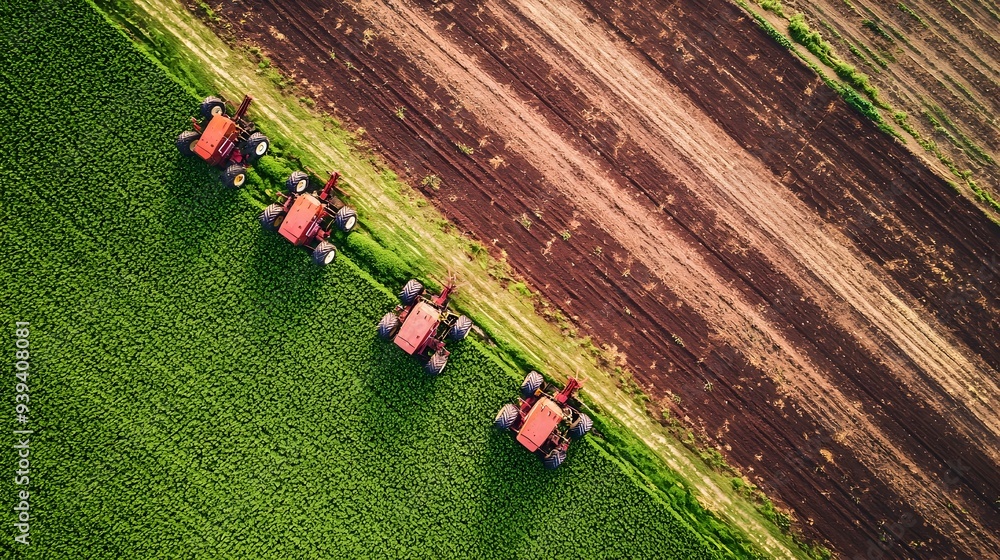 Aufkleber aerial view of synchronized tractors efficiently tending to large-scale farm