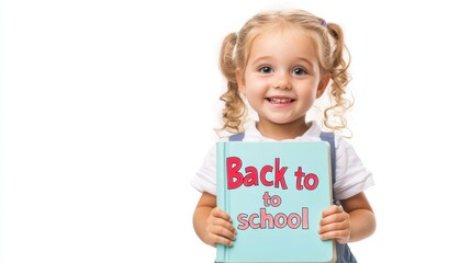 Happy Child Holding 'Back to School' Book on White Background