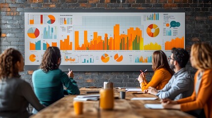 Presentation on business growth by CEO, projector screen with graphs, product sales, investors discussing strategy