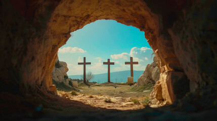 Looking out from Christ's tomb at the three crosses