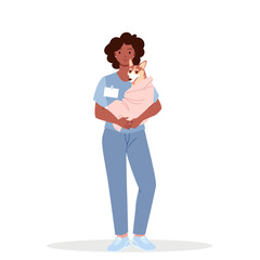 Female veterinarian holding dog in hands on vet checkup. Young cute doctor of veterinary hospital standing with sick puppy for examination and treatment, girl smiling cartoon vector illustration