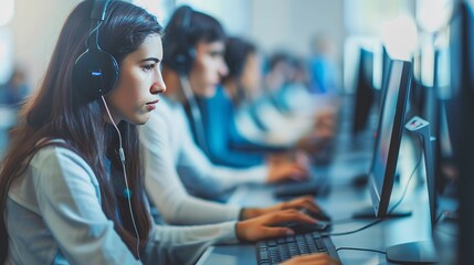 Blurred focus of university students studying in computer lab with selective focus on serious student working on computer – group study environment in modern educational setting