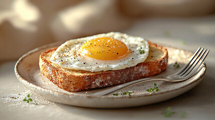 Closeup Illustration of a Perfectly Fried Egg on a Rustic Breakfast Plate