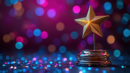 gleaming gold fivestar trophy emerging from a vibrant 3d background representing excellence and achievement in customer satisfaction