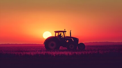Fototapeta premium Silhouetted Tractor Framed by Glowing Sunset,Embodying the Essence of Farming Life