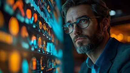 Investors discussing growth strategy, CEO presenting, projector screen with data on revenue and product sales