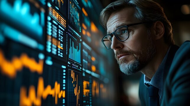 Investors and CEO reviewing business data, projector screen with graphs, revenue growth, product sales