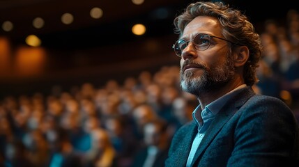 Fototapeta premium Business conference with a speaker presenting to a focused audience, corporate strategies, entrepreneurship ideas