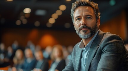 Fototapeta premium Speaker presenting business ideas at a corporate meeting, audience in conference room, entrepreneurship focus