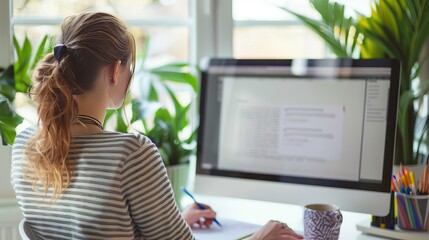 Business woman writing and planning website design on computer screen, focused on copywriting for 'about us' page and marketing strategy, professional designer or editor brainstorming and taking notes