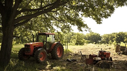 Farmer Repairing Tractor Under Tree Shade With Scattered Tools on Rural Countryside Scene