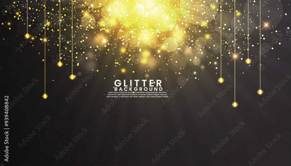 Poster glitter golden color background design. golden shine light effect background design for holiday. bla