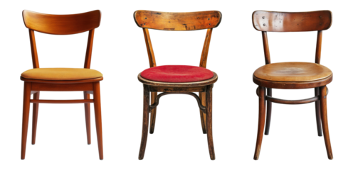 PNG A collection of vintage wooden chairs showcasing different styles and colors, perfect for home decor or interior design inspiration.