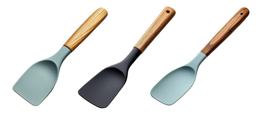 PNG A set of three stylish kitchen spatulas with wooden handles and colorful silicone heads, perfect for cooking and baking tasks.