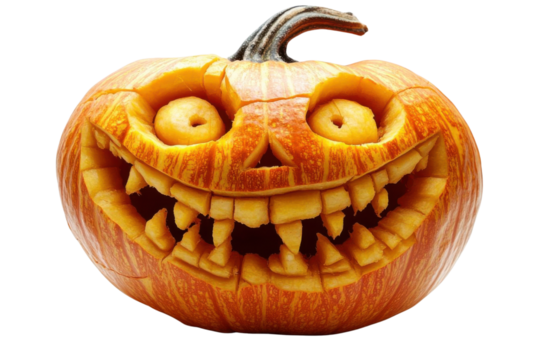 PNG A spooky carved pumpkin with a mischievous grin, perfect for Halloween decorations and autumn festivities.
