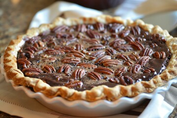 Freshly baked chocolate pecan pie is cooling on a white towel