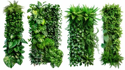 Naklejka premium Collection of green garden walls created from vibrant tropical plants set against a white background perfect for enhancing indoor spaces and promoting eco-friendly design isolated on white background