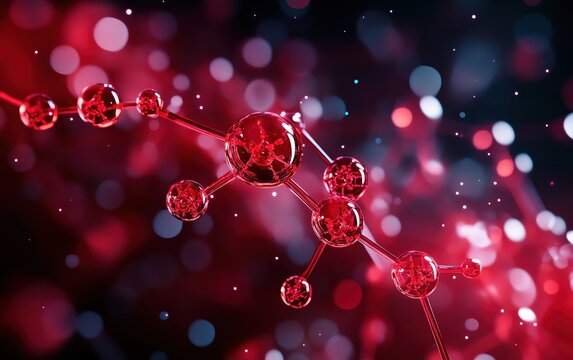 A vibrant close-up of red molecules on a dark background, illustrating scientific concepts of chemistry and molecular biology.