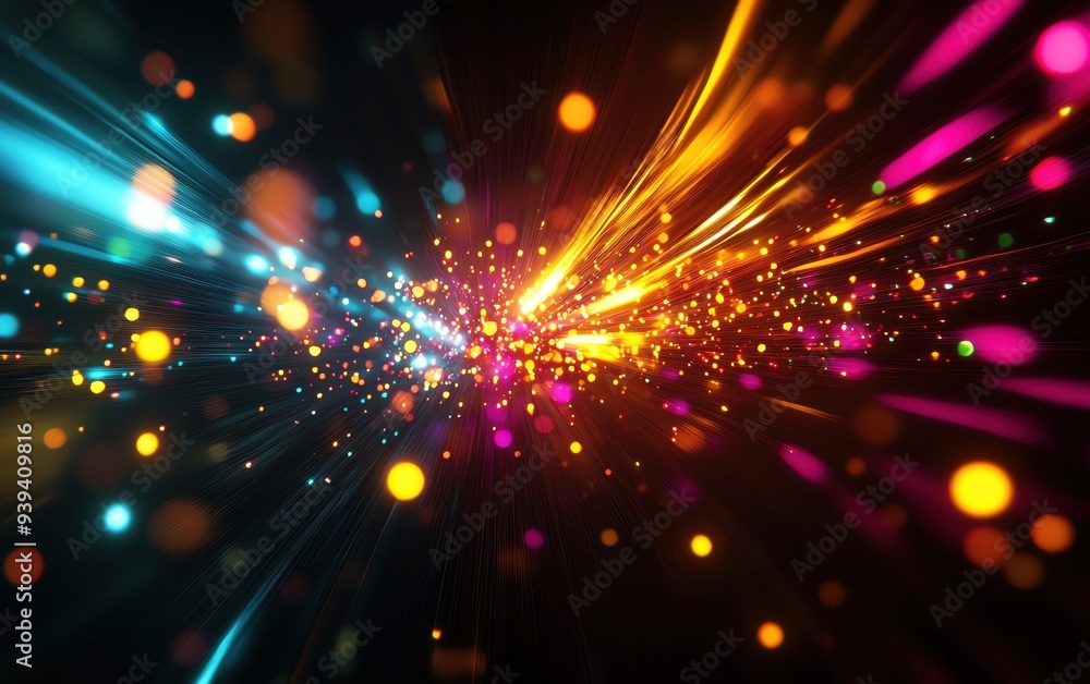 Poster a vibrant display of colorful lights and particles, creating a dynamic, energetic abstract visual ef